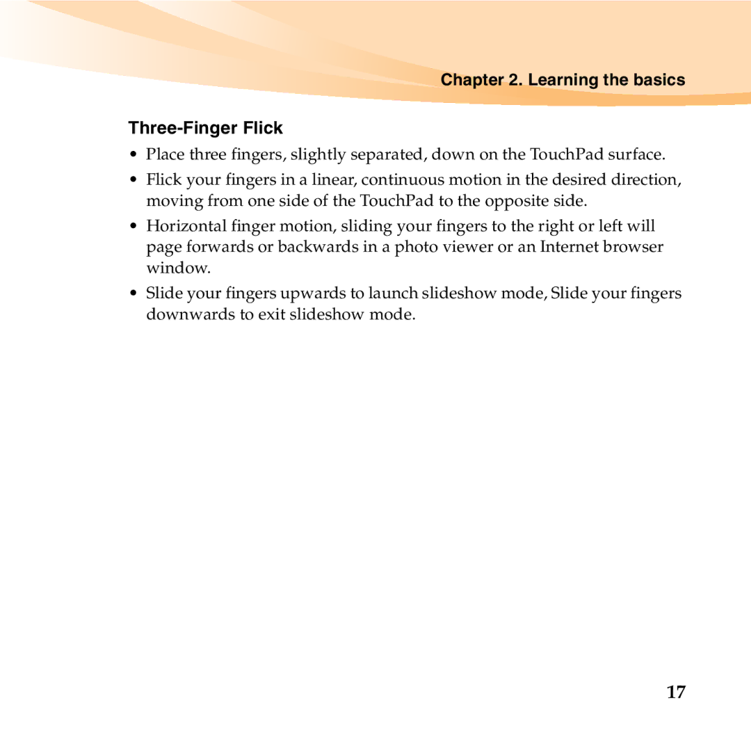 Lenovo U150 manual Learning the basics Three-Finger Flick 