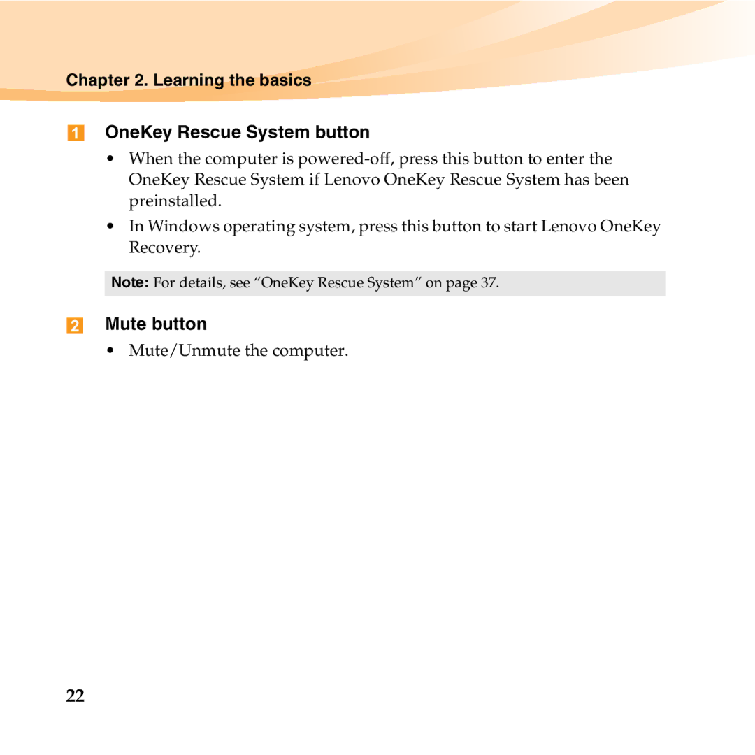 Lenovo U150 manual Learning the basics OneKey Rescue System button, Mute button 