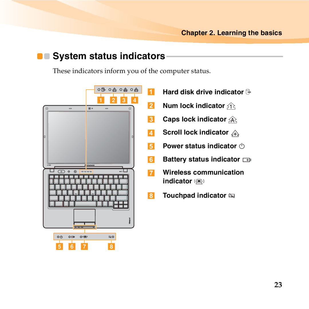 Lenovo U150 manual System status indicators, Touchpad indicator 