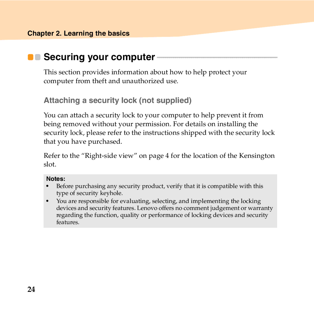 Lenovo U150 manual Securing your computer, „ Attaching a security lock not supplied 