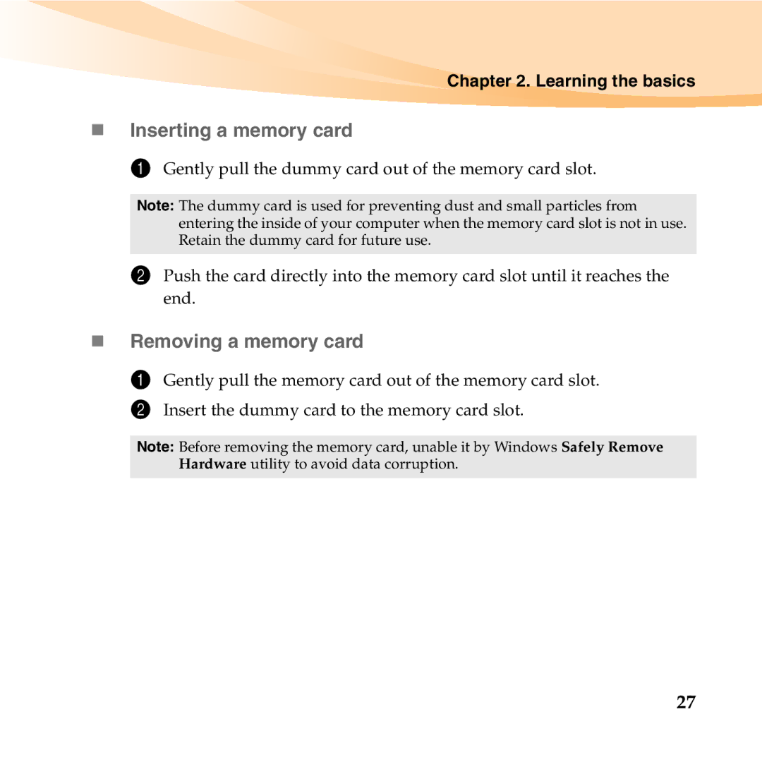 Lenovo U150 manual „ Inserting a memory card, „ Removing a memory card 