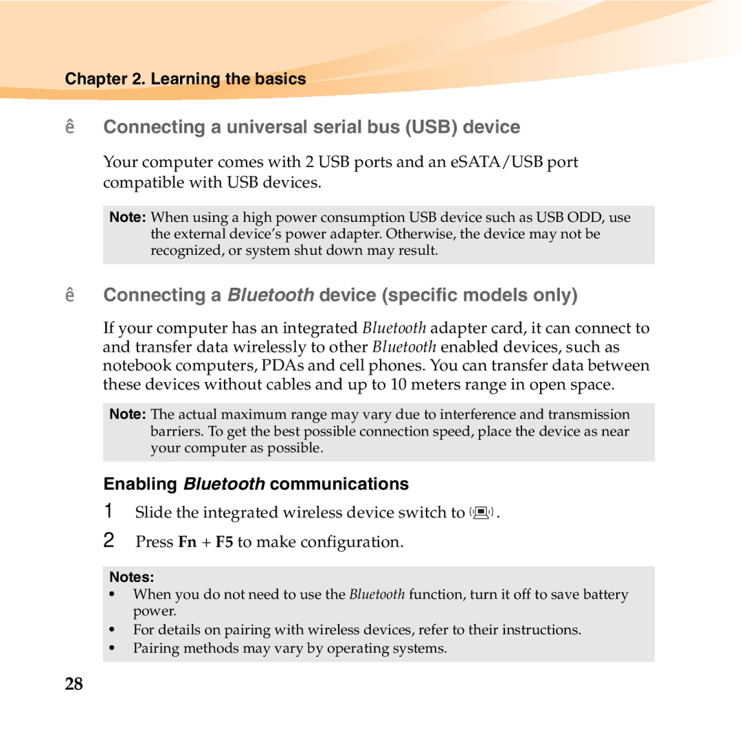 Lenovo U150 manual „ Connecting a universal serial bus USB device, „ Connecting a Bluetooth device specific models only 