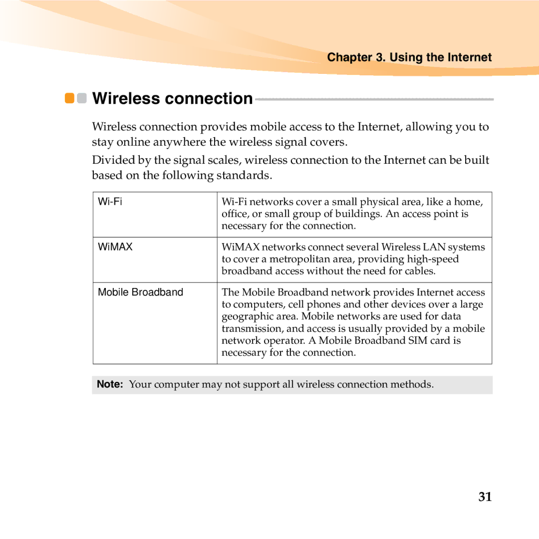 Lenovo U150 manual Wireless connection, Wi-Fi 