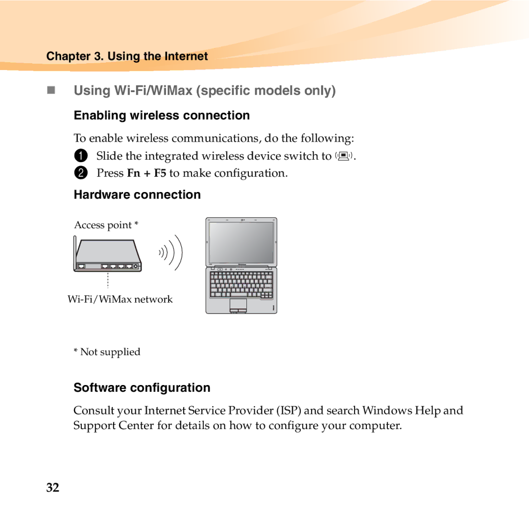 Lenovo U150 manual „ Using Wi-Fi/WiMax specific models only, Enabling wireless connection, Hardware connection 