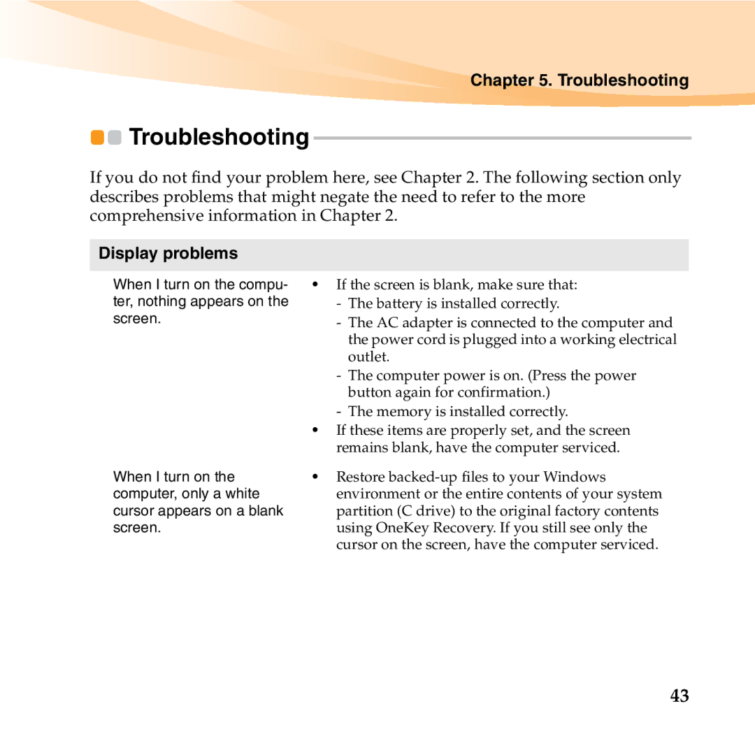 Lenovo U150 manual Troubleshooting, Display problems 