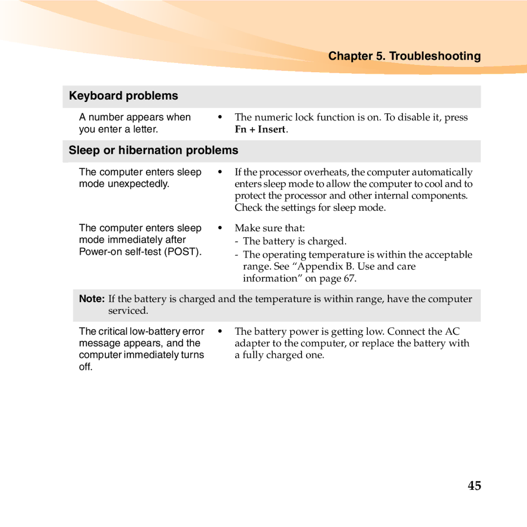 Lenovo U150 manual Troubleshooting Keyboard problems, Sleep or hibernation problems 