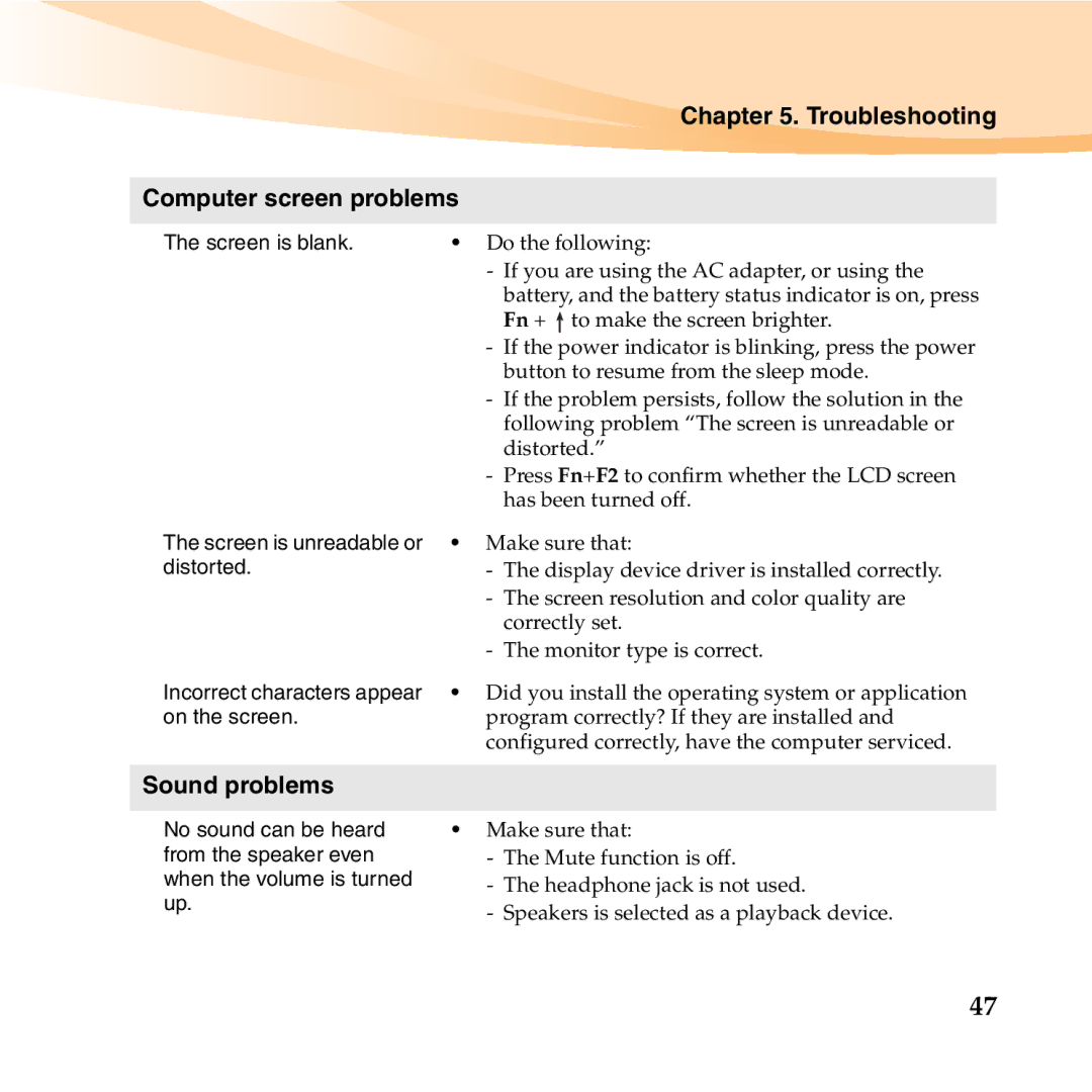 Lenovo U150 manual Troubleshooting Computer screen problems, Sound problems 