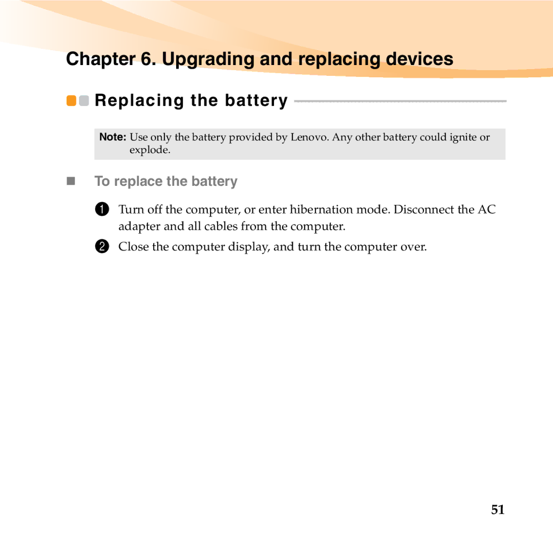 Lenovo U150 manual Upgrading and replacing devices, Replacing the battery 