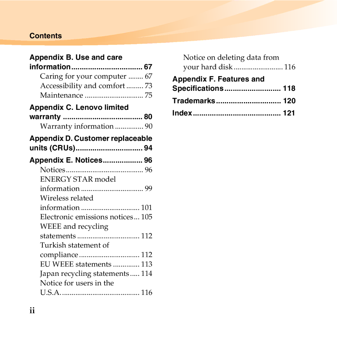 Lenovo U150 manual Contents Appendix B. Use and care, Appendix C. Lenovo limited, Appendix F. Features, 118, 120, 121 