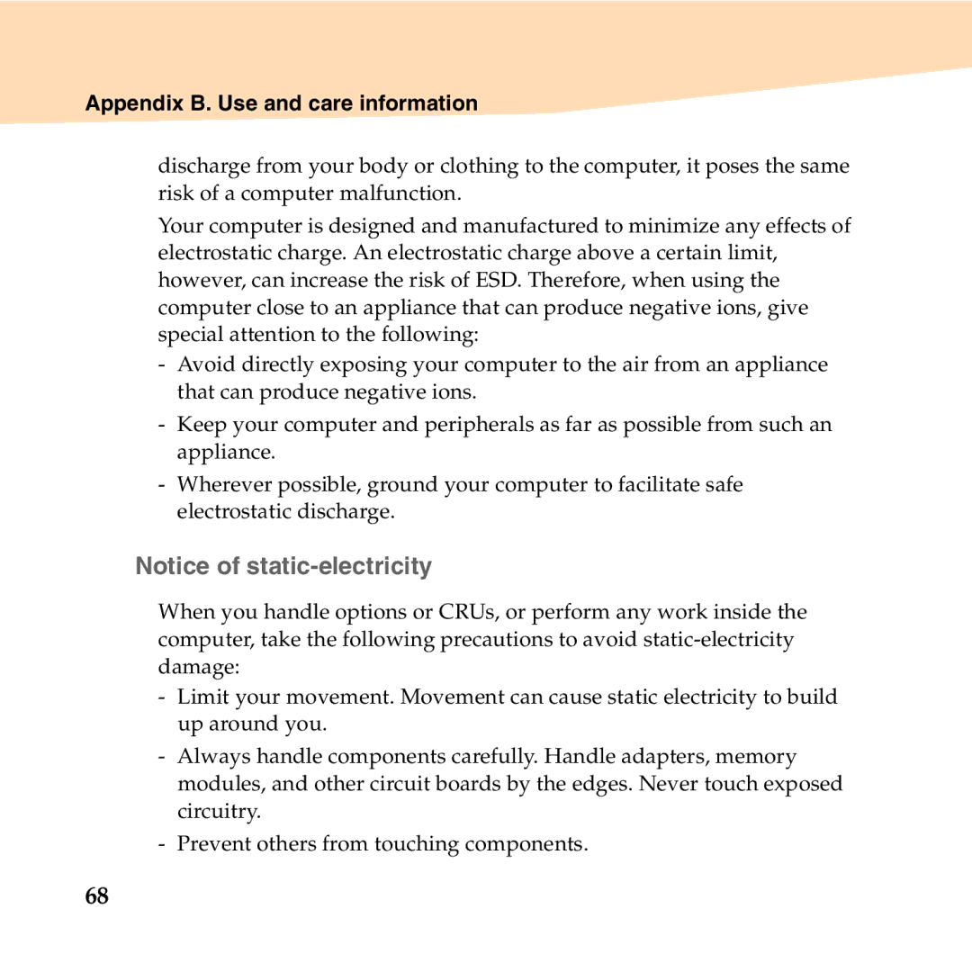 Lenovo U150 manual „ Notice of static-electricity, Appendix B. Use and care information 