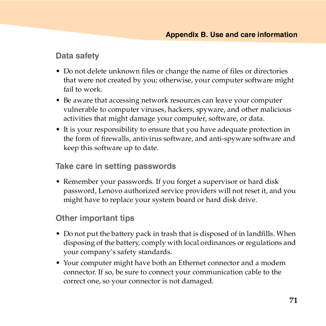 Lenovo U150 manual „ Data safety, „ Take care in setting passwords, „ Other important tips 