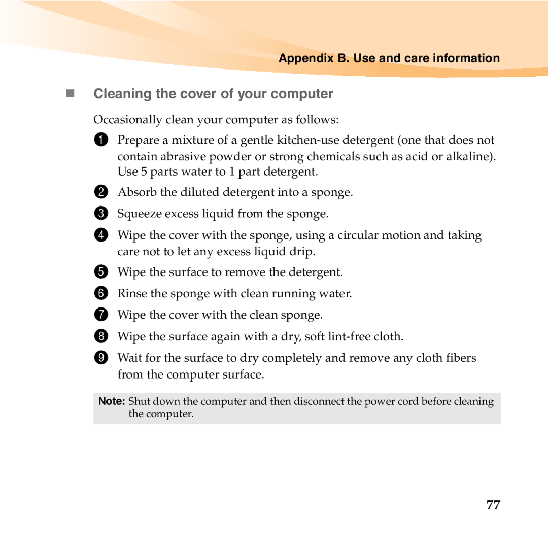 Lenovo U150 manual „ Cleaning the cover of your computer 