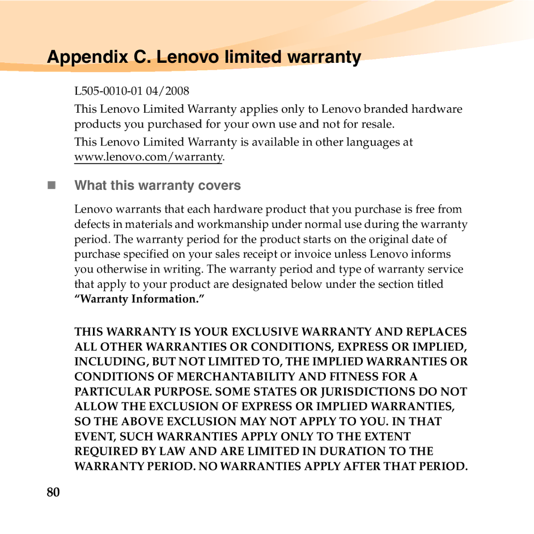 Lenovo U150 manual Appendix C. Lenovo limited warranty, „ What this warranty covers 