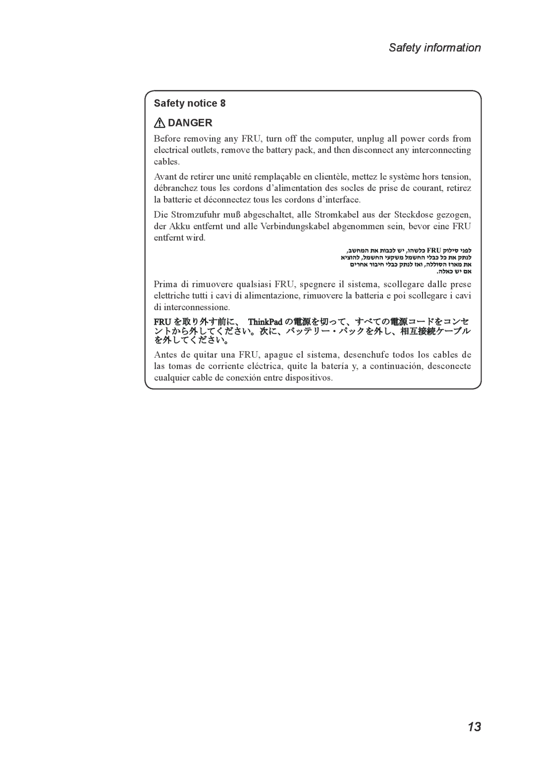 Lenovo U260 manual Safety information, Safety notice DANGER 