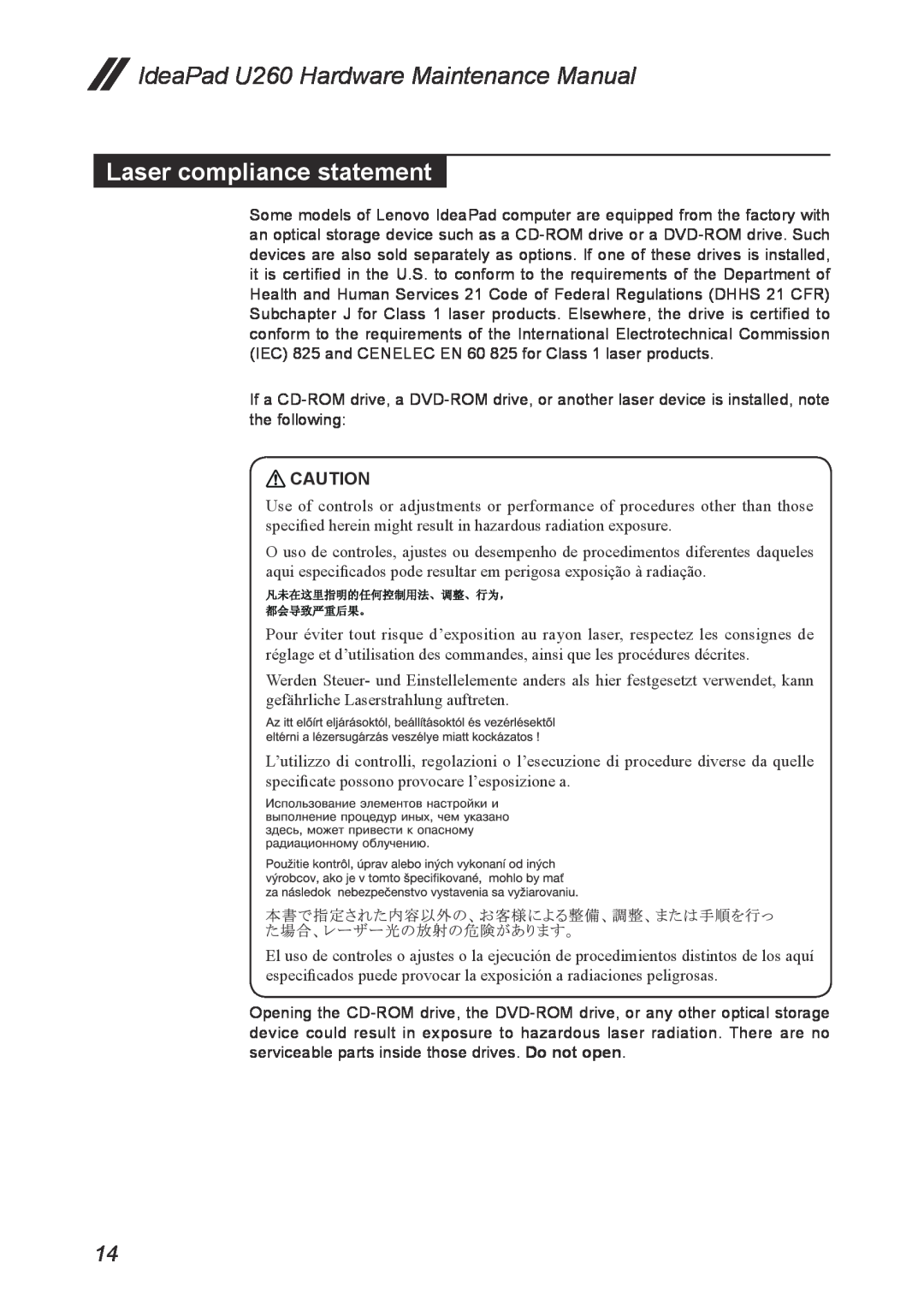 Lenovo manual Laser compliance statement, IdeaPad U260 Hardware Maintenance Manual 