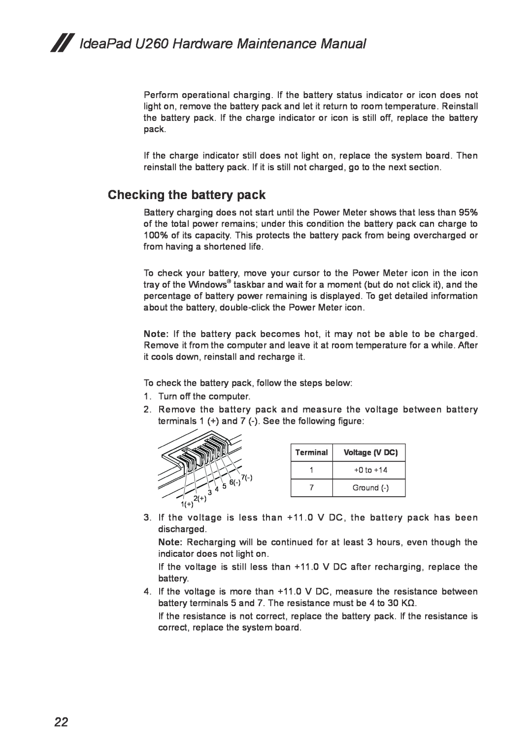 Lenovo manual Checking the battery pack, IdeaPad U260 Hardware Maintenance Manual 