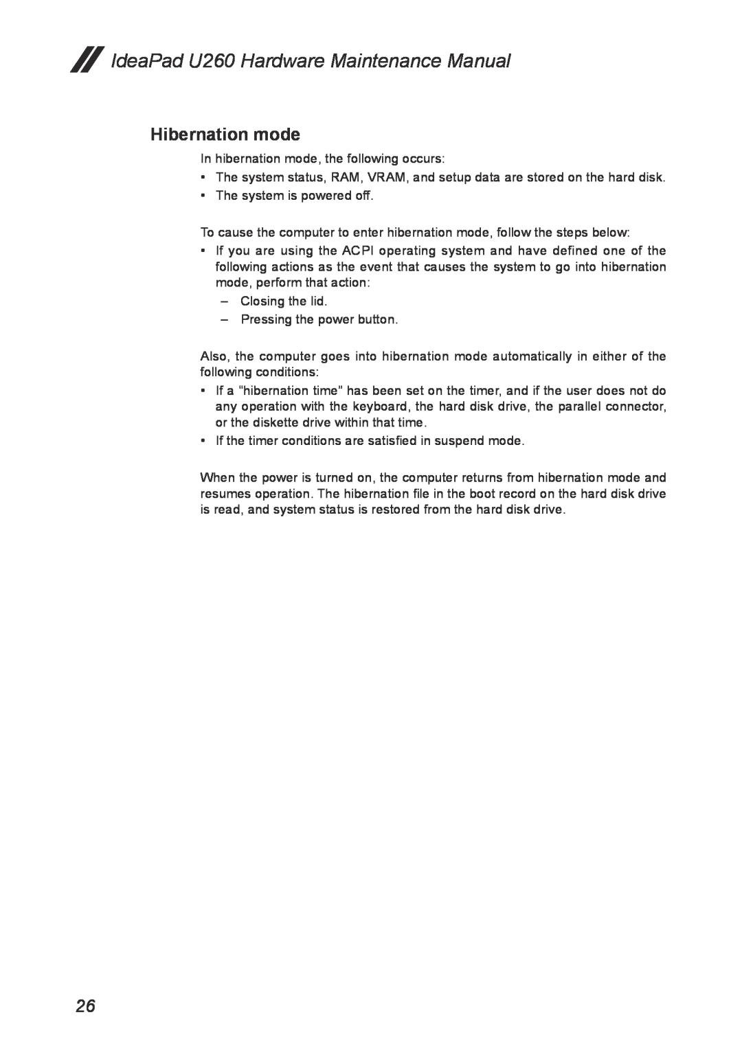 Lenovo manual Hibernation mode, IdeaPad U260 Hardware Maintenance Manual 