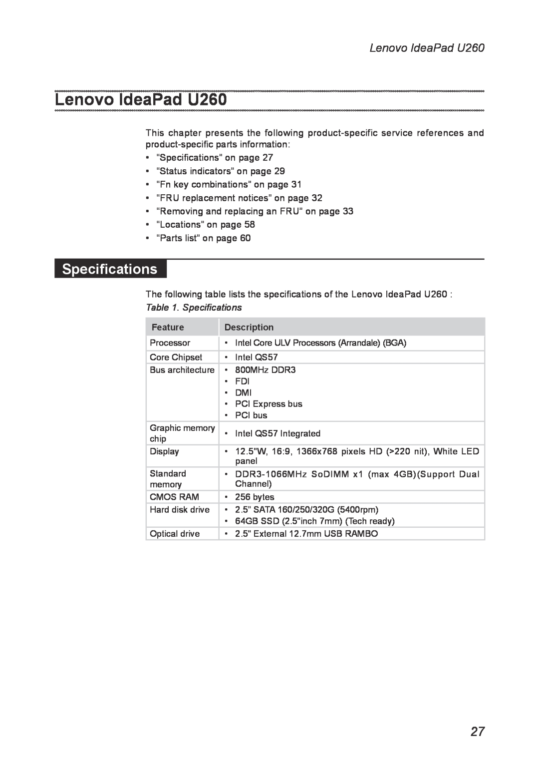 Lenovo manual Lenovo IdeaPad U260, Specifications 