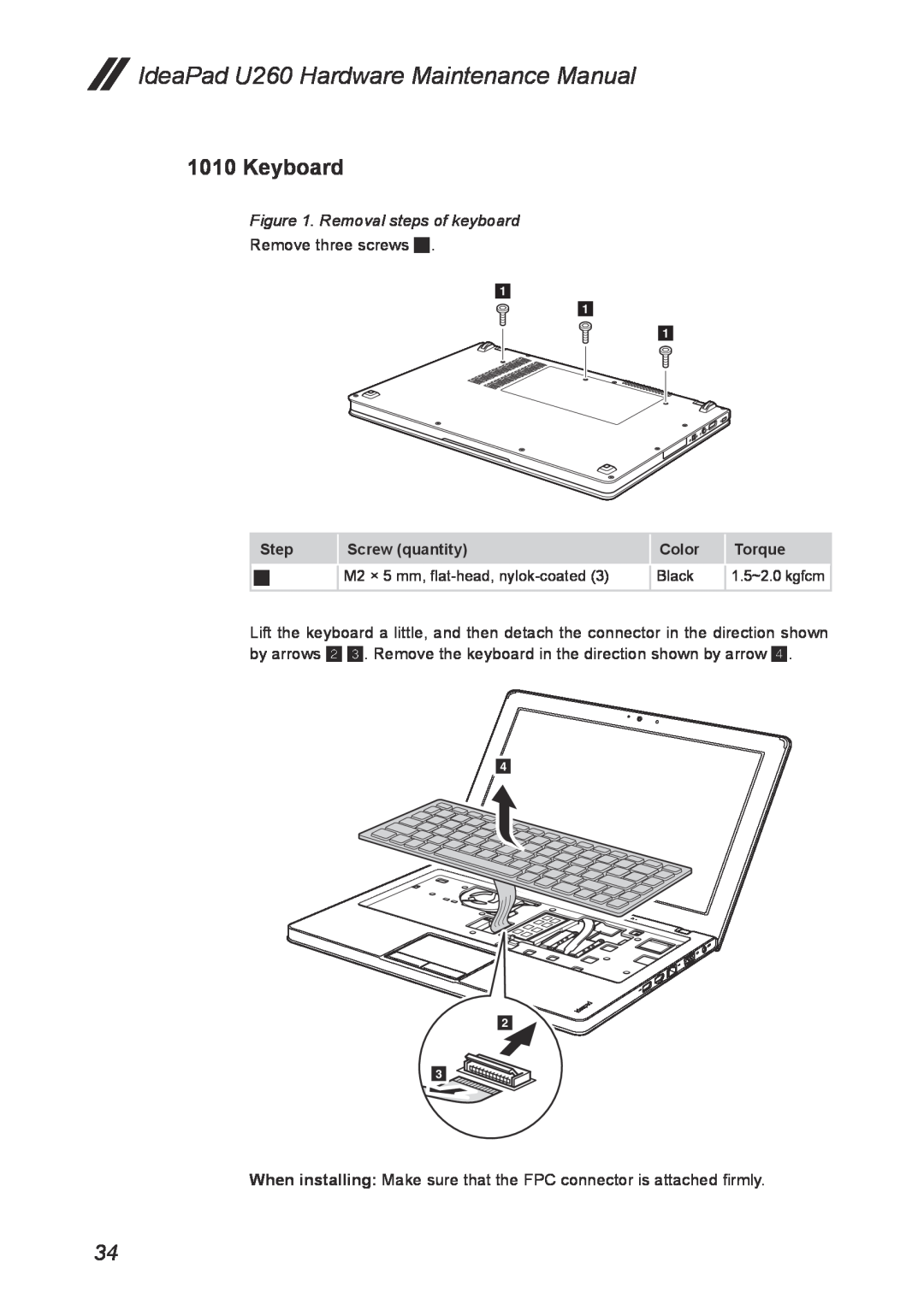 Lenovo manual Keyboard, Removal steps of keyboard, IdeaPad U260 Hardware Maintenance Manual, Step, Screw quantity, Color 