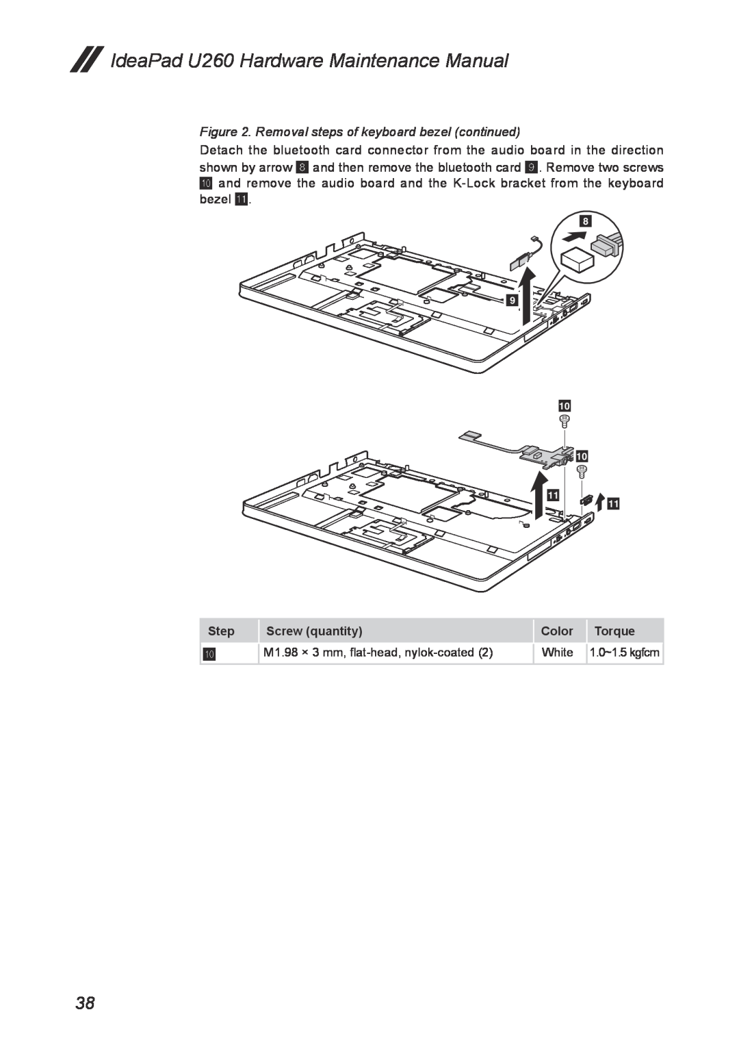 Lenovo manual IdeaPad U260 Hardware Maintenance Manual, Removal steps of keyboard bezel continued 