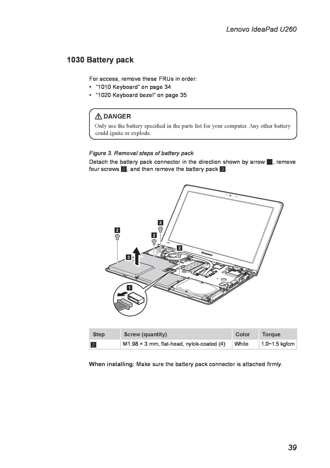Lenovo manual Battery pack, Removal steps of battery pack, Lenovo IdeaPad U260, Danger 