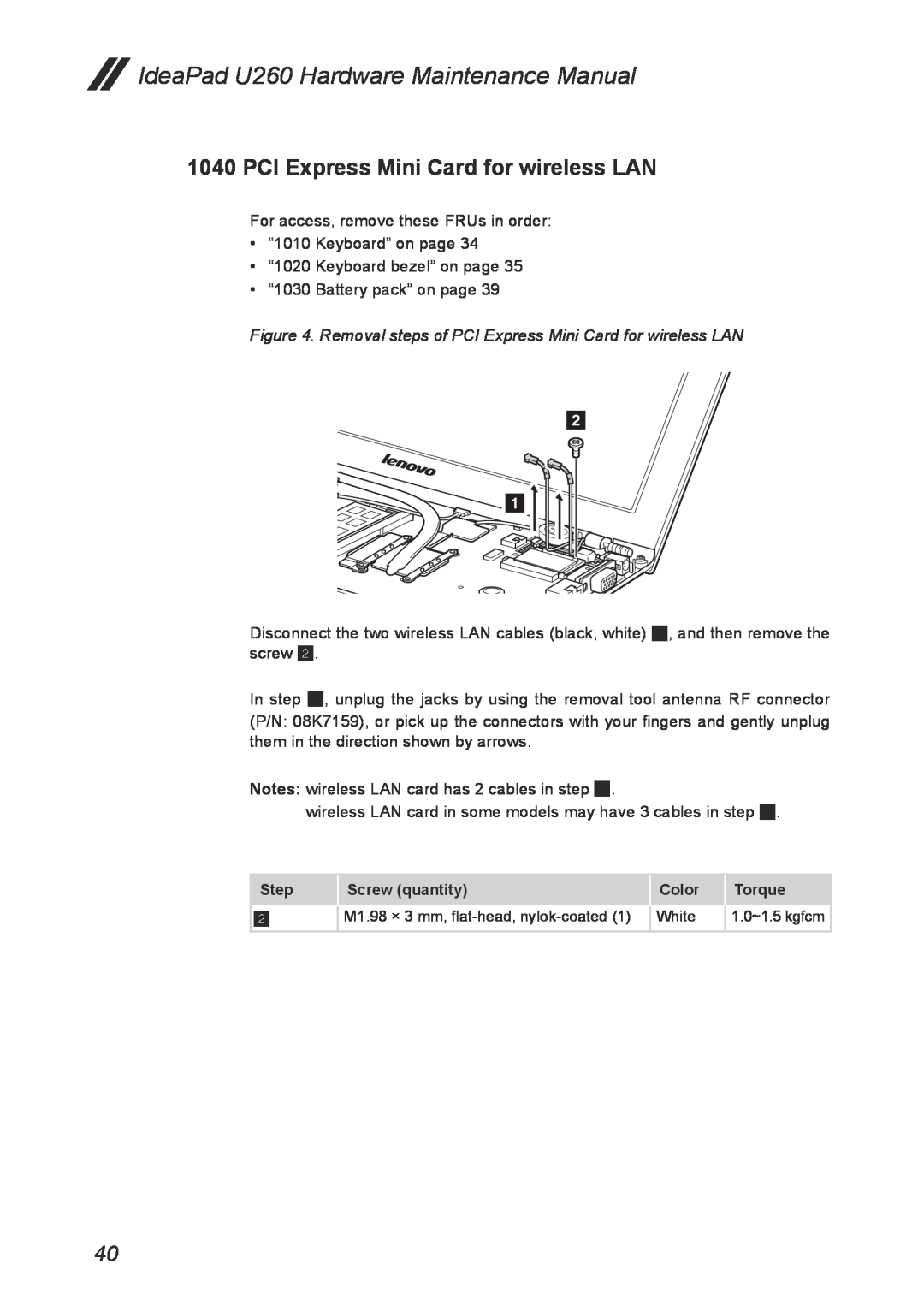 Lenovo manual Removal steps of PCI Express Mini Card for wireless LAN, IdeaPad U260 Hardware Maintenance Manual 
