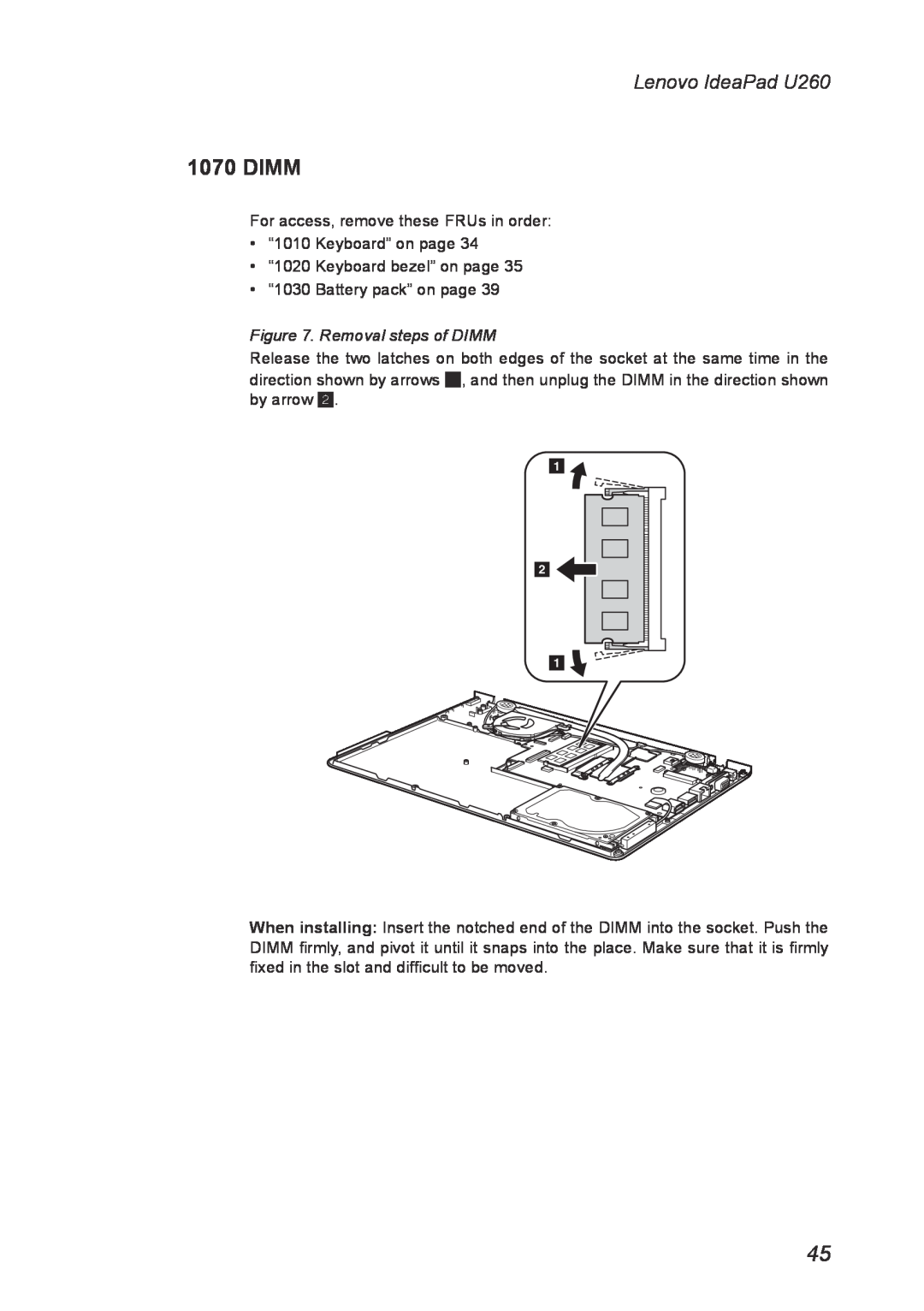 Lenovo manual Dimm, Removal steps of DIMM, Lenovo IdeaPad U260 