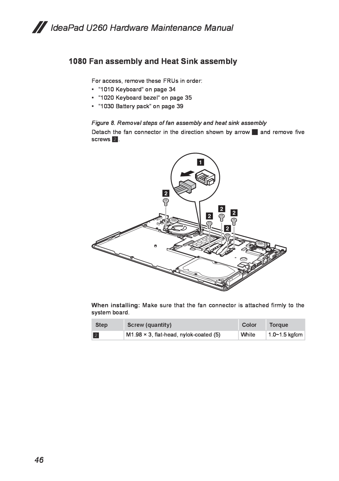 Lenovo U260 manual Fan assembly and Heat Sink assembly, Removal steps of fan assembly and heat sink assembly 