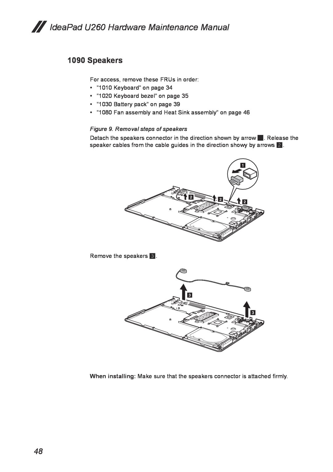 Lenovo manual Speakers, Removal steps of speakers, IdeaPad U260 Hardware Maintenance Manual 