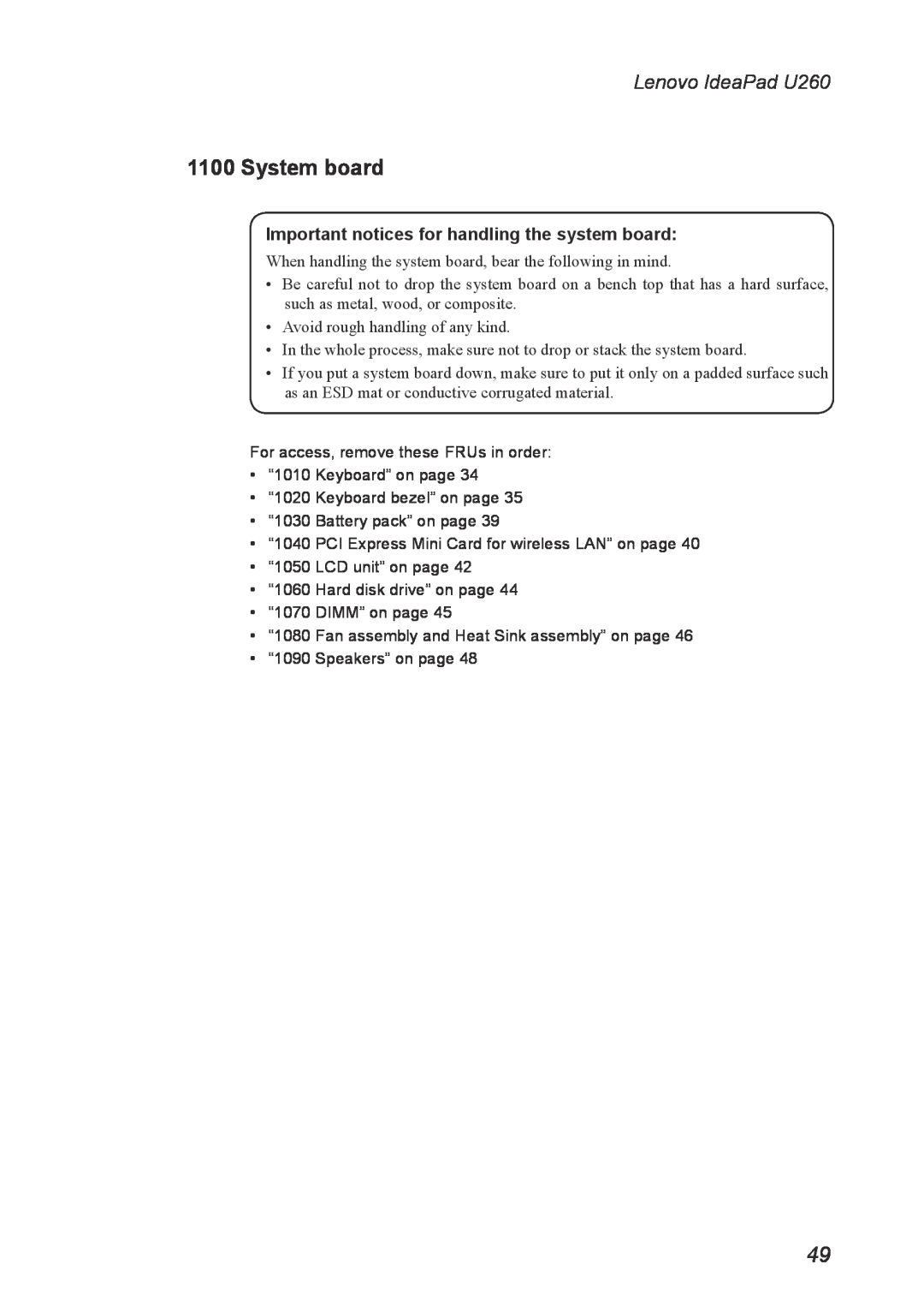 Lenovo manual System board, Important notices for handling the system board, Lenovo IdeaPad U260 