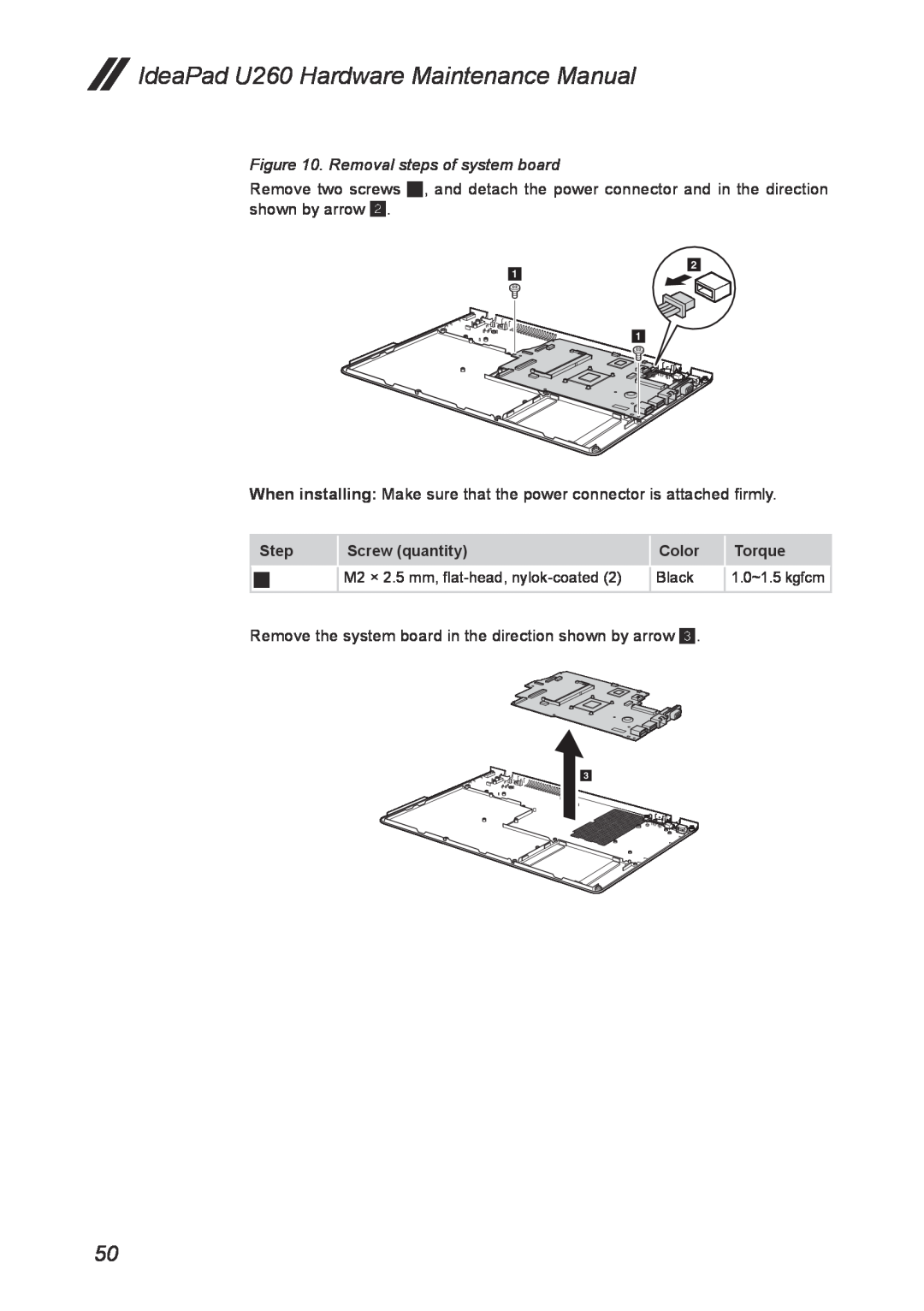 Lenovo Removal steps of system board, IdeaPad U260 Hardware Maintenance Manual, Step, Screw quantity, Color, Torque 