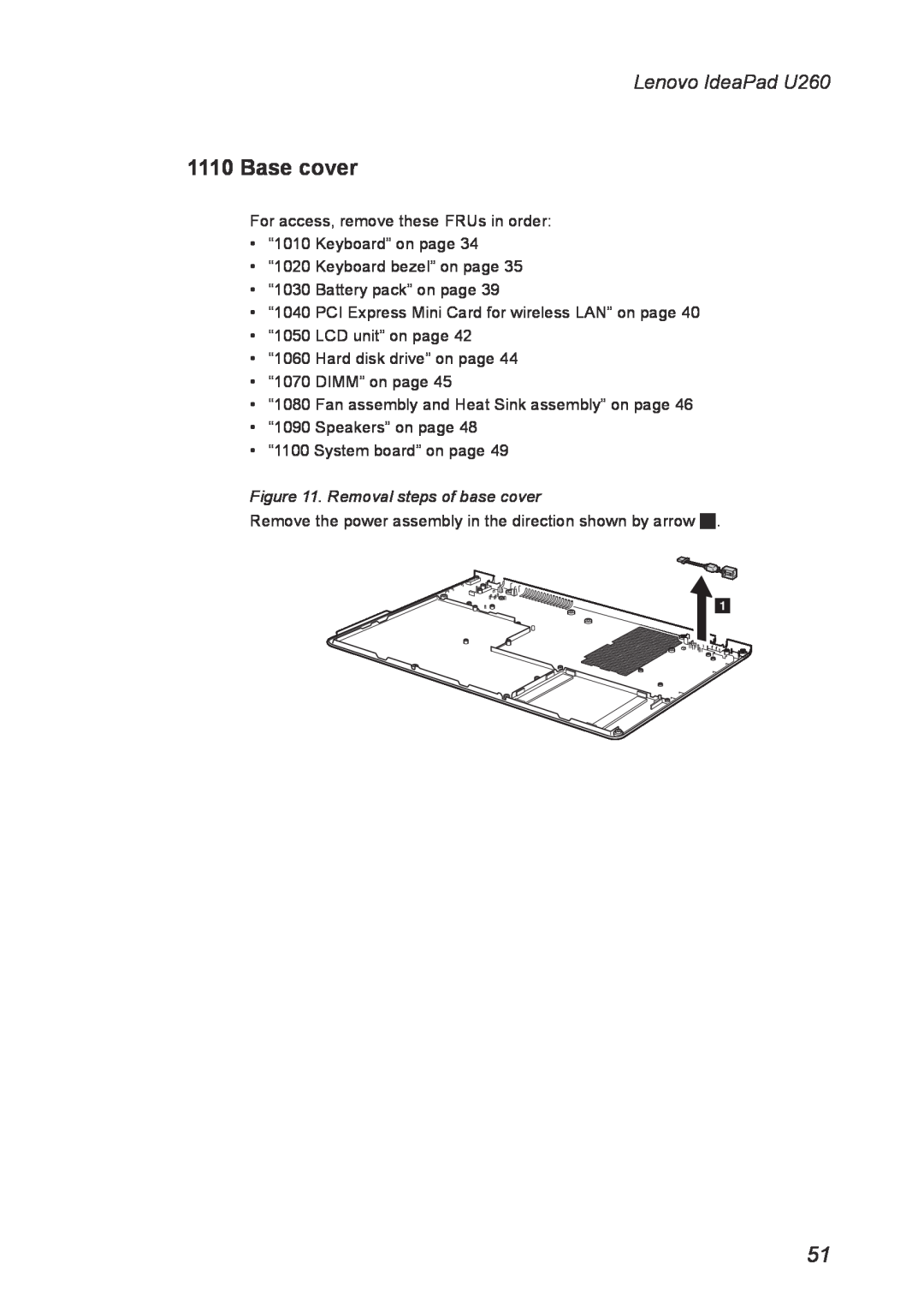 Lenovo manual Removal steps of base cover, Lenovo IdeaPad U260 