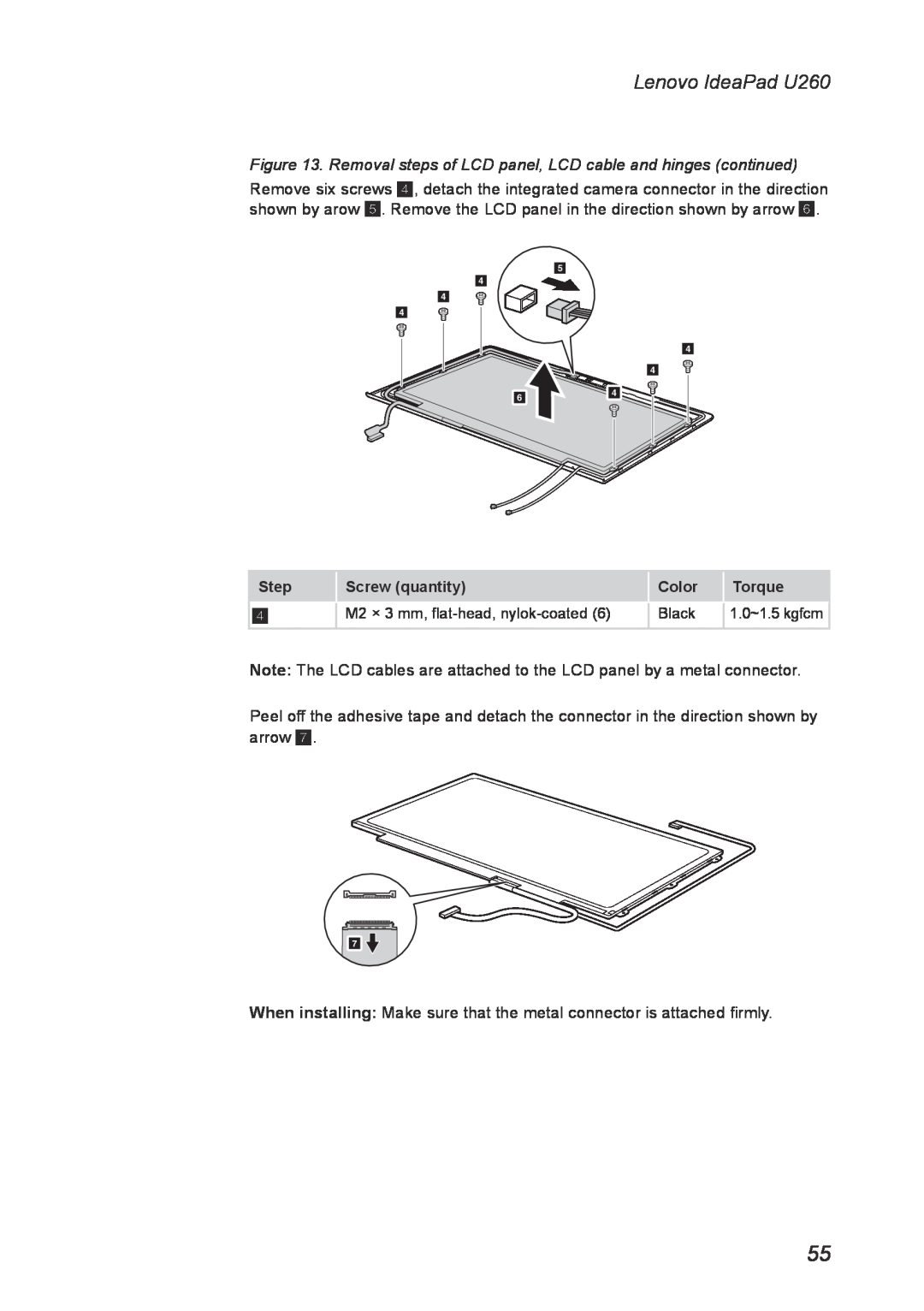 Lenovo manual Removal steps of LCD panel, LCD cable and hinges continued, Lenovo IdeaPad U260 
