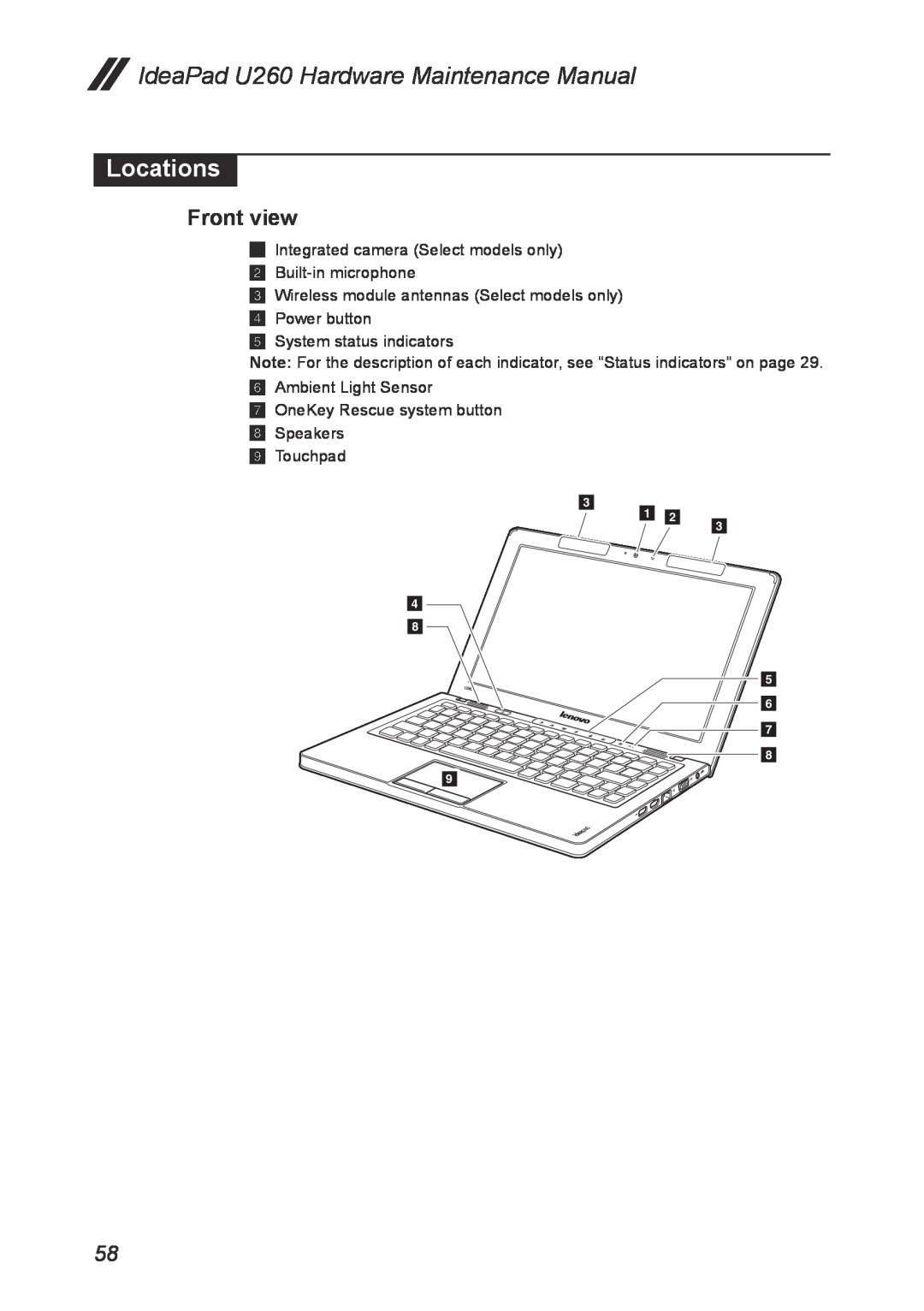 Lenovo manual Locations, Front view, IdeaPad U260 Hardware Maintenance Manual 
