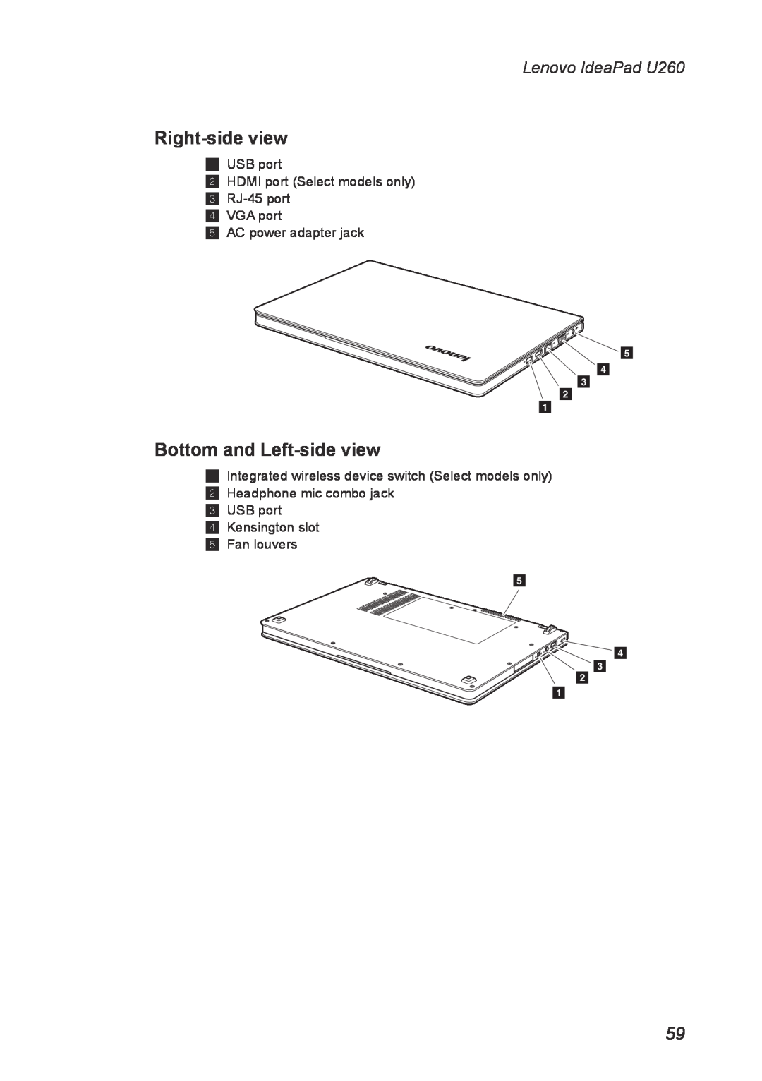 Lenovo manual Right-side view, Bottom and Left-side view, Lenovo IdeaPad U260, AC power adapter jack 