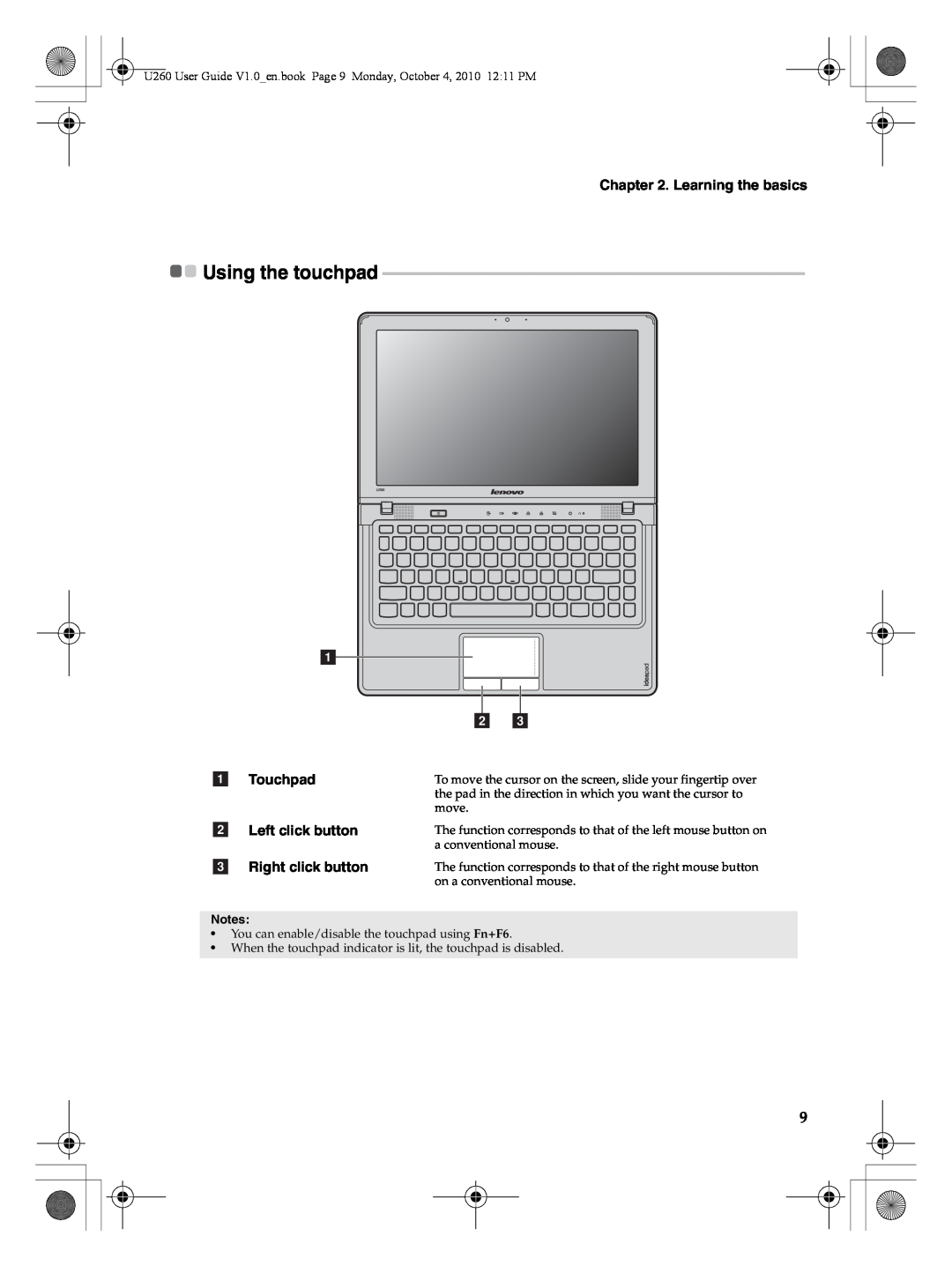 Lenovo U260 manual Using the touchpad, Learning the basics, Touchpad, Left click button, Right click button 