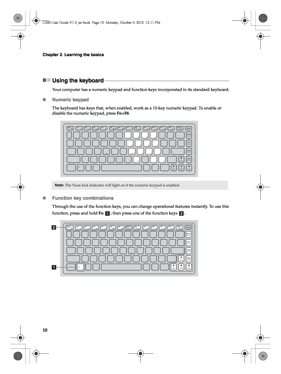 Lenovo U260 manual Using the keyboard, „Numeric keypad, „Function key combinations, Learning the basics 