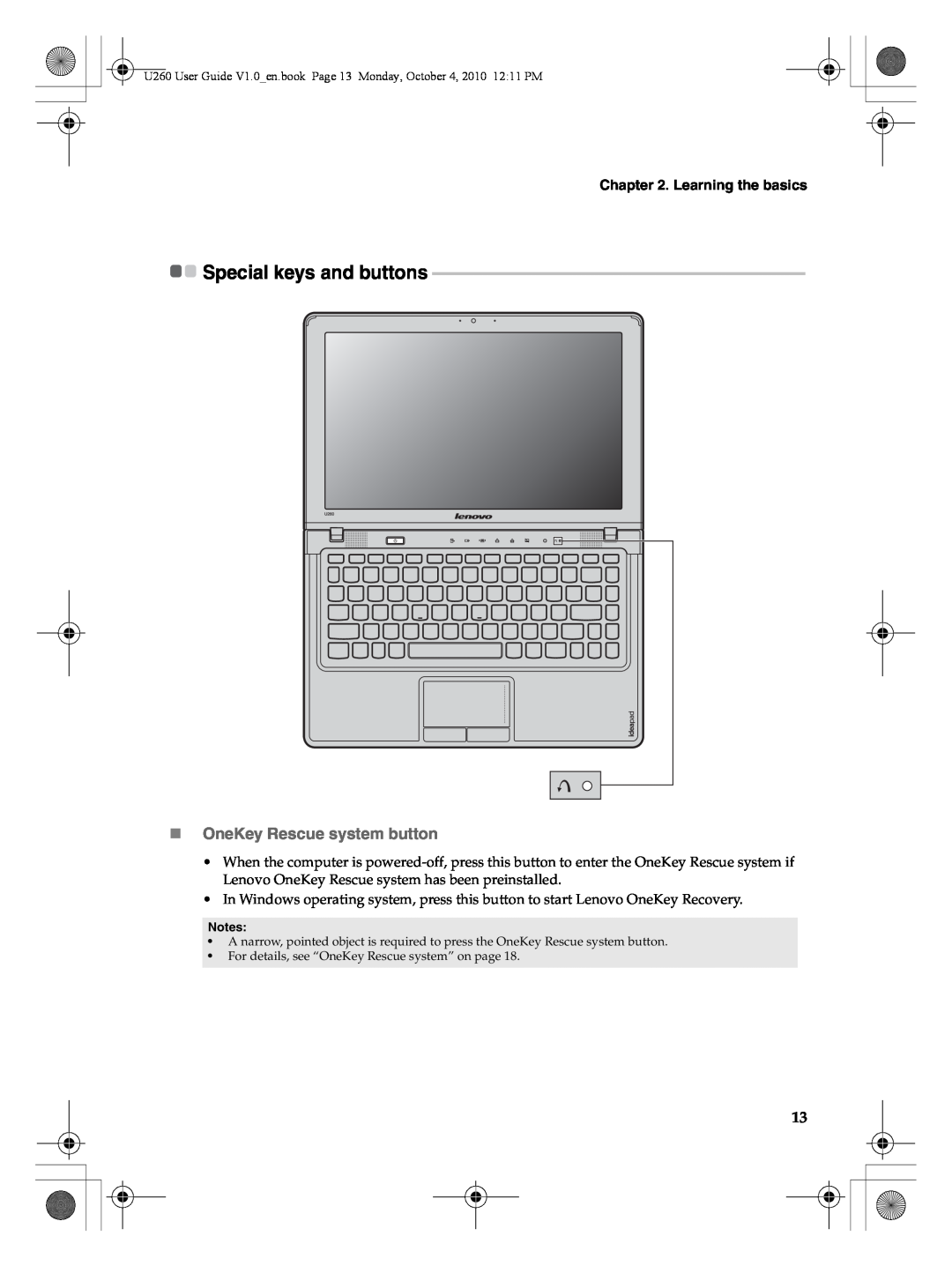 Lenovo U260 manual Special keys and buttons, „OneKey Rescue system button, Learning the basics 