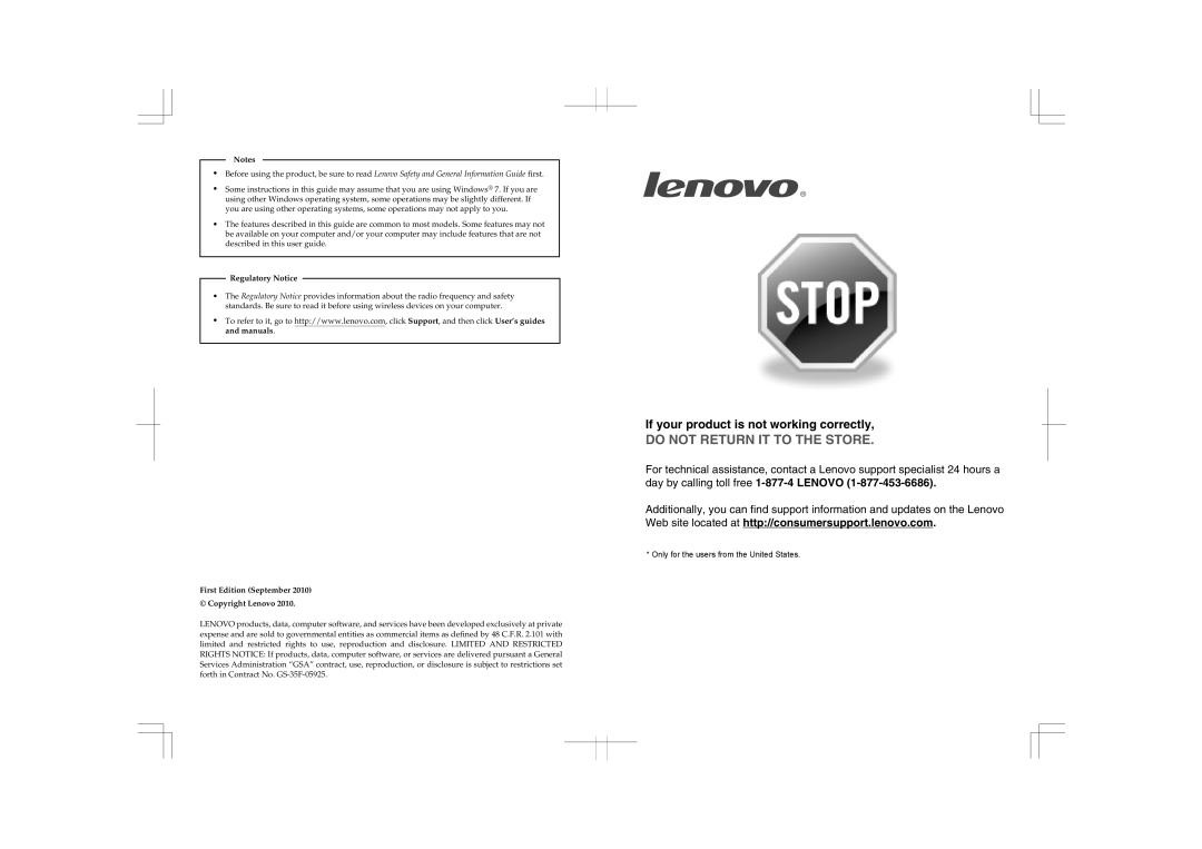 Lenovo U260 manual If your product is not working correctly, Do Not Return It To The Store 