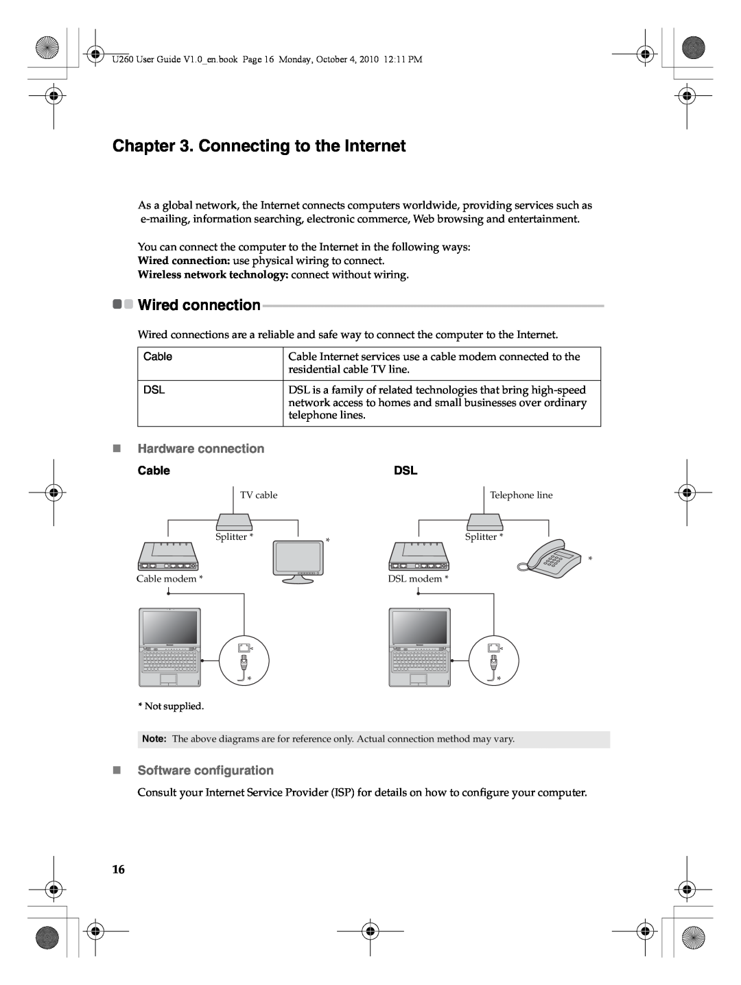 Lenovo U260 manual Connecting to the Internet, Wired connection, Cable 