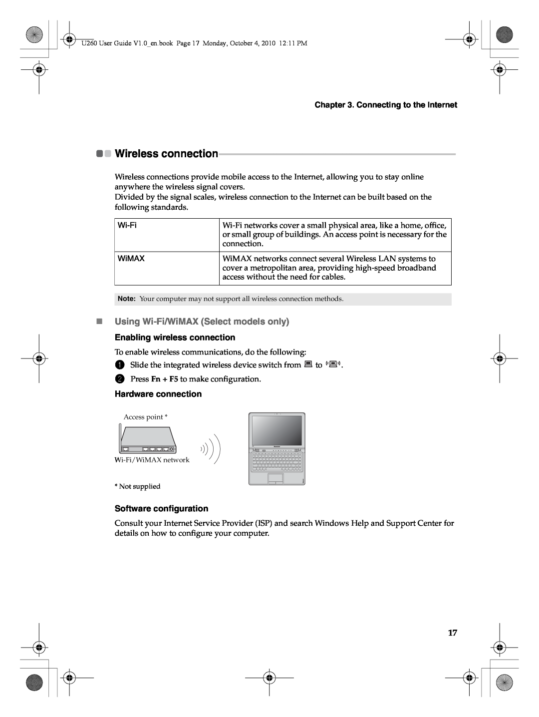 Lenovo U260 manual Wireless connection, Connecting to the Internet, Enabling wireless connection, Hardware connection 
