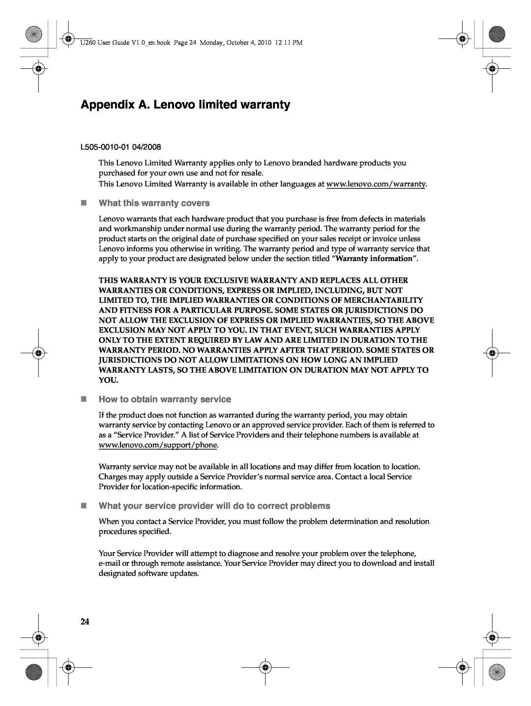 Lenovo U260 manual Appendix A. Lenovo limited warranty, „What this warranty covers, „How to obtain warranty service 