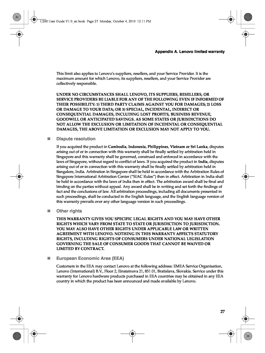 Lenovo U260 manual „Dispute resolution, „Other rights, „European Economic Area EEA, Appendix A. Lenovo limited warranty 