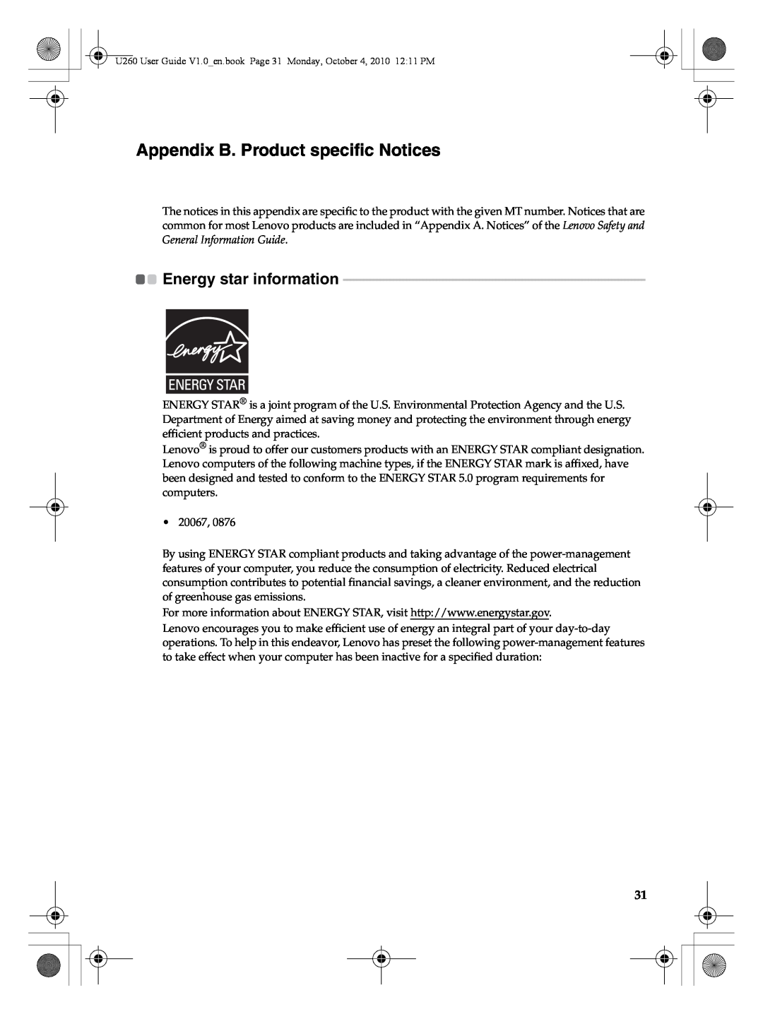 Lenovo U260 manual Appendix B. Product specific Notices, Energy star information 