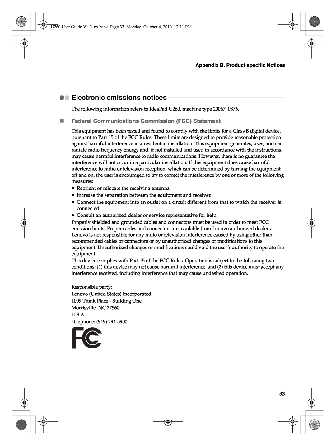 Lenovo U260 manual Electronic emissions notices, „Federal Communications Commission FCC Statement 