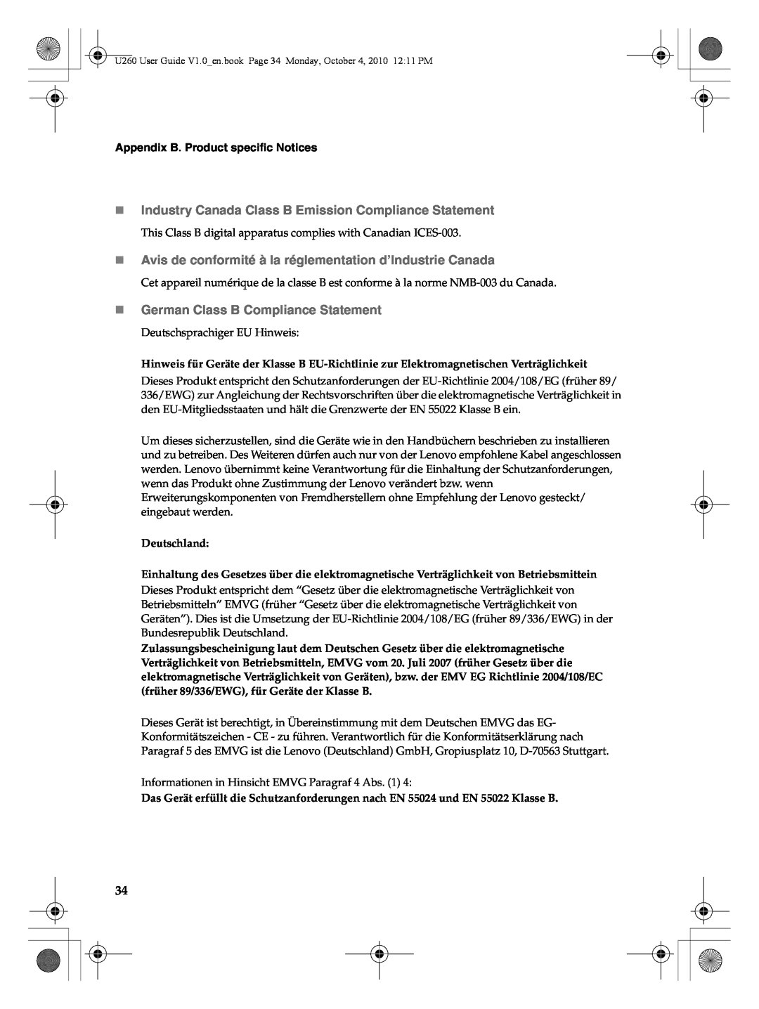 Lenovo U260 manual „German Class B Compliance Statement 
