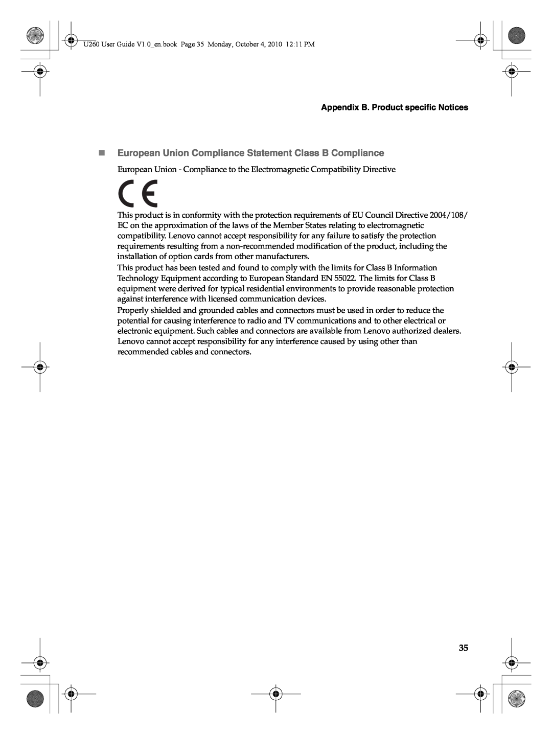 Lenovo U260 manual Appendix B. Product specific Notices 