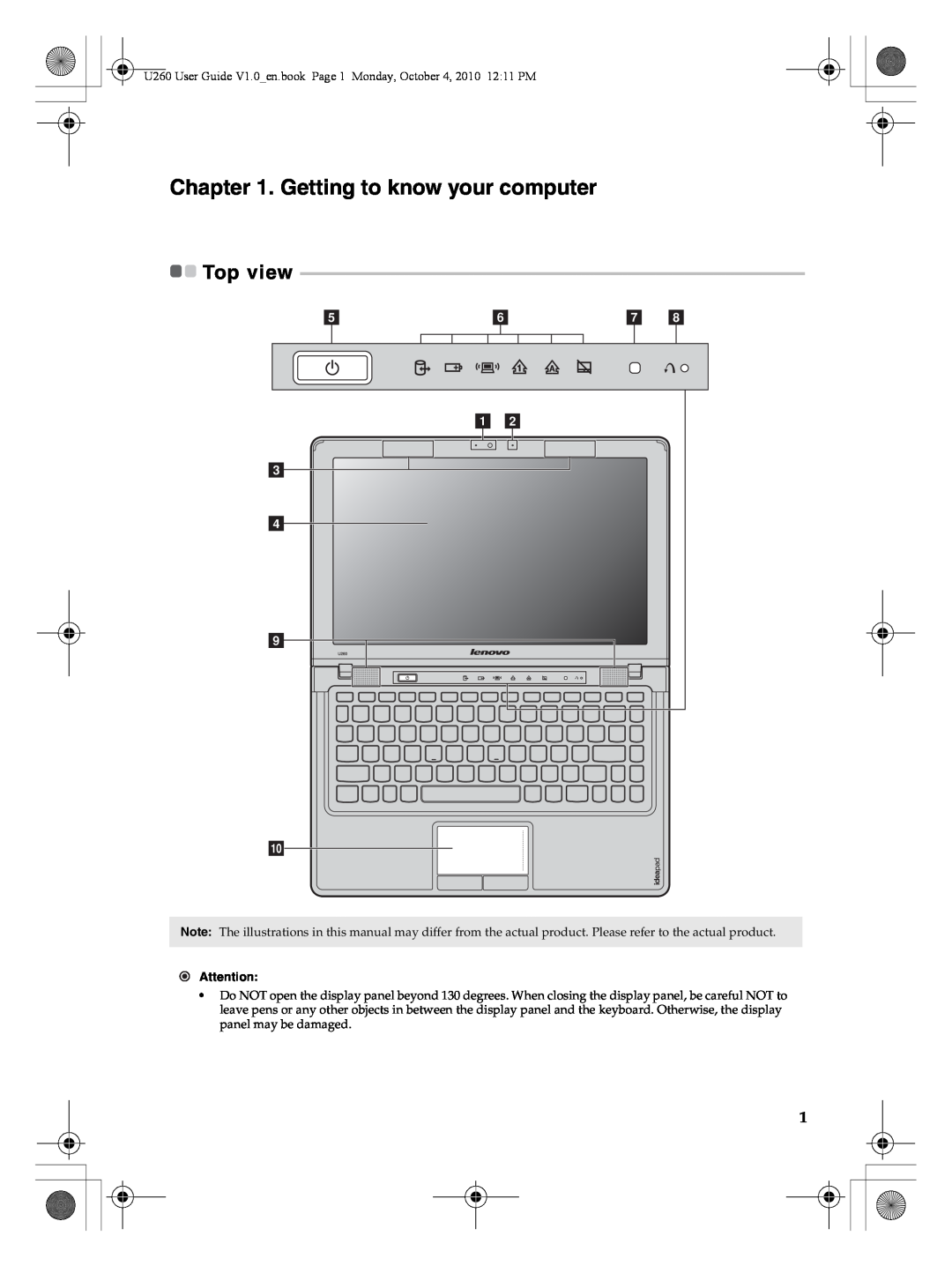 Lenovo U260 manual Getting to know your computer, Top view 