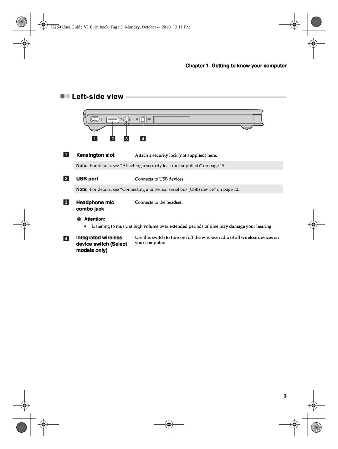 Lenovo U260 manual Left-sideview, Getting to know your computer, a b c d, a Kensington slot, b USB port, c Headphone mic 