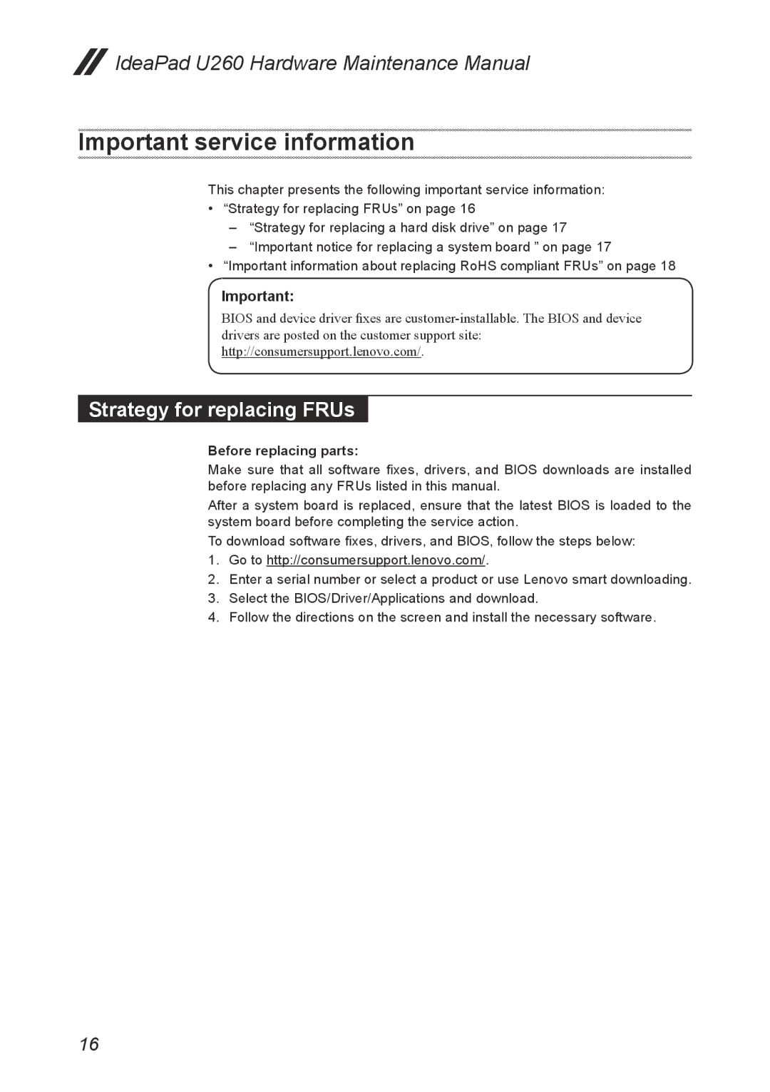 Lenovo U260 manual Important service information, Strategy for replacing FRUs 